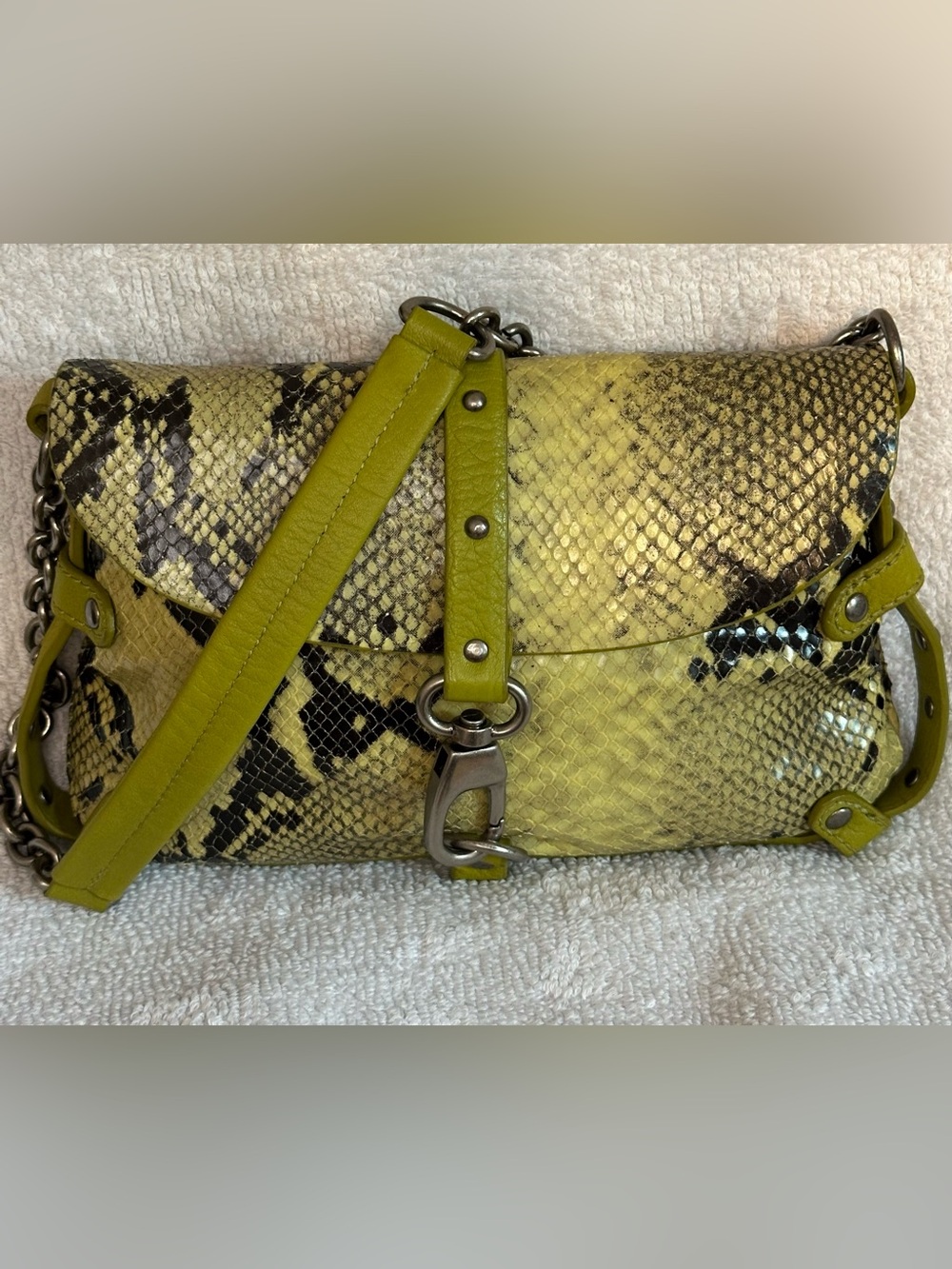 Cynthia Rowley Snake-Print Shoulder Bag with lime green with Chain Detail